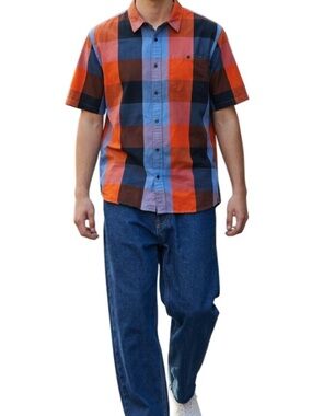 Analog AG Plaid Button Down Shirt L Red Blue Short Sleeve Skate Streetwear